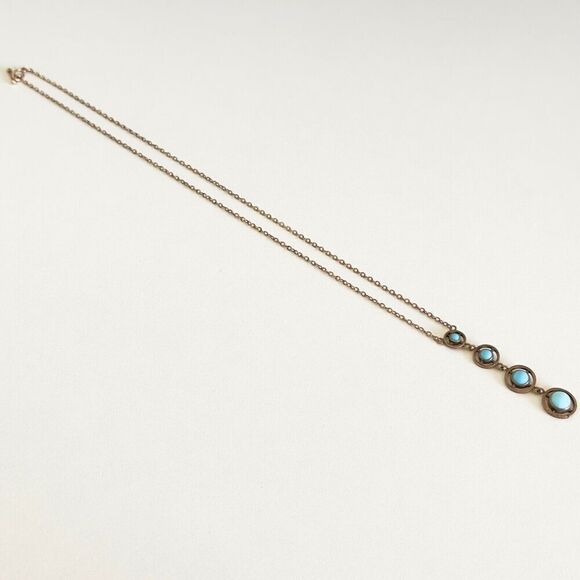 Antique Yellow Gold Filled Blue Robin's Egg Enamel Graduated Drop Necklace 17" - Picture 8 of 13